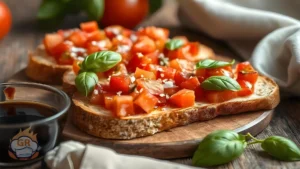 Bruschette al pomodoro - pane tostato con pomodori freschi, basilico e olio d'oliva.