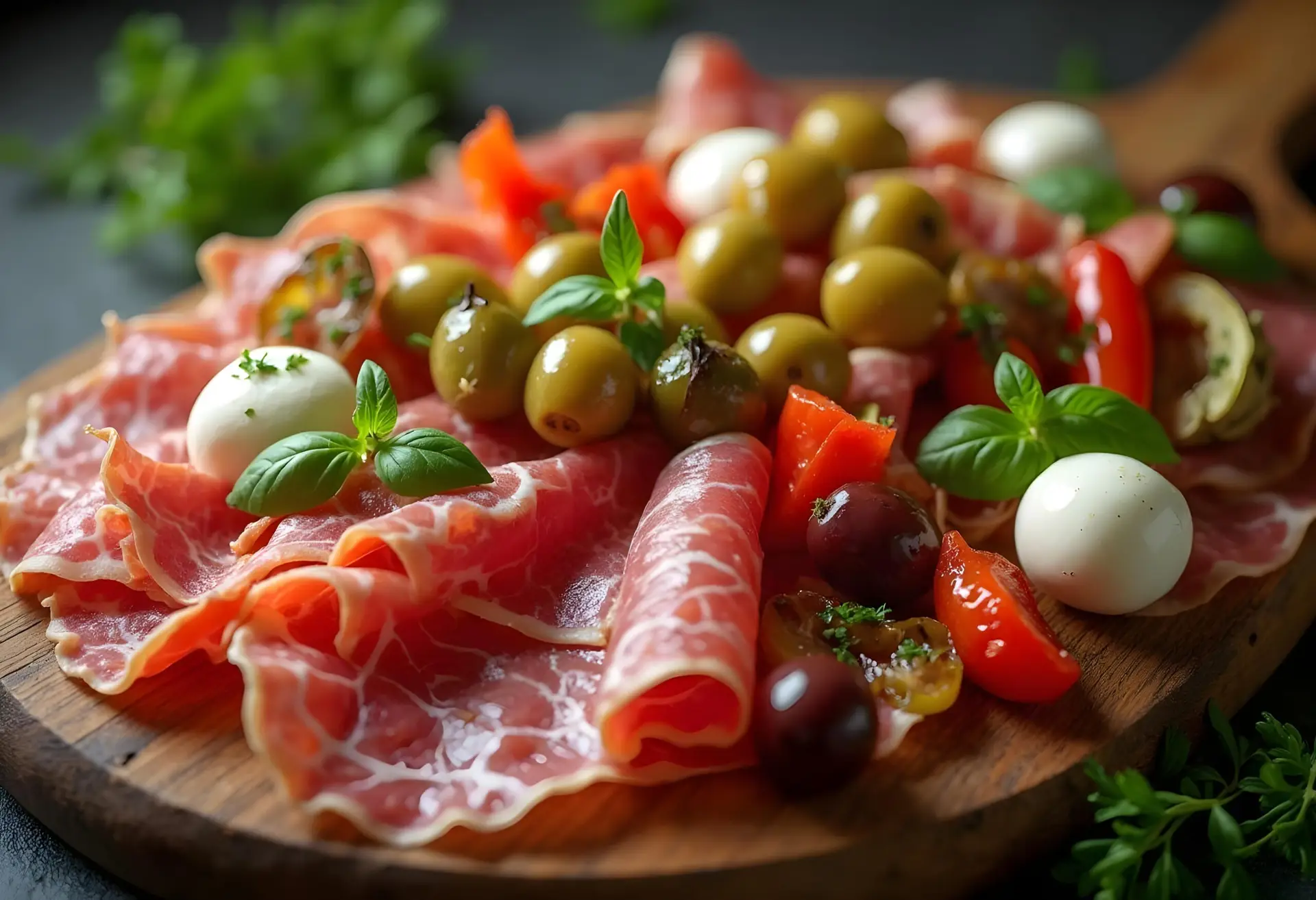 Selezione di antipasti italiani su un tagliere di legno, inclusi salumi, olive marinate, peperoni arrostiti e mozzarella fresca, perfetti per ogni occasione.