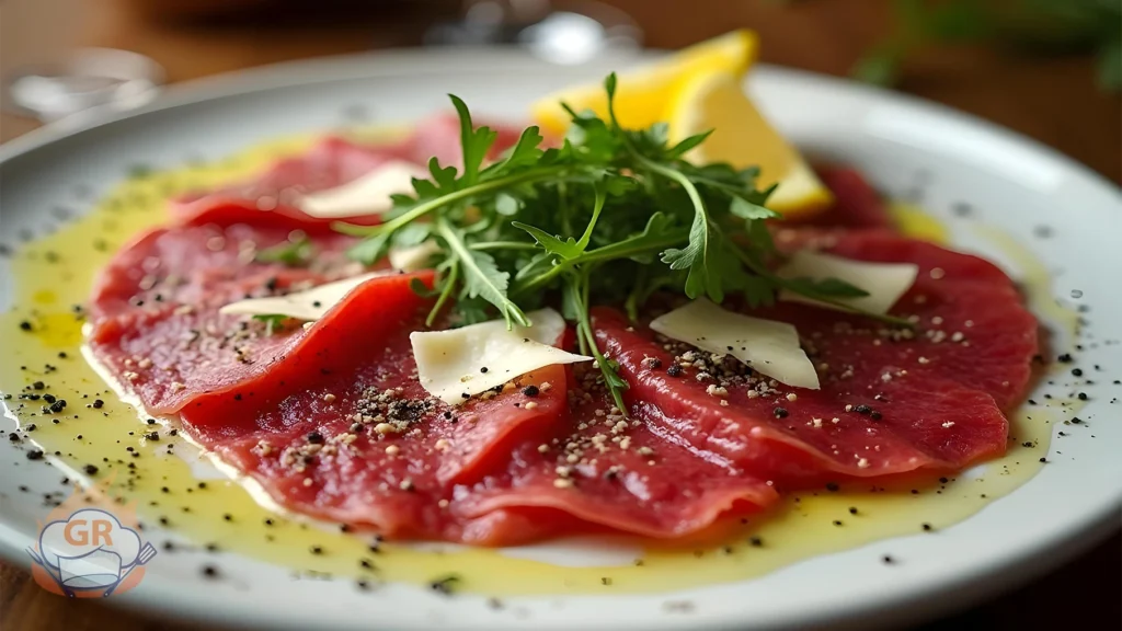 Delizioso Carpaccio di Manzo servito con rucola, parmigiano e limone.