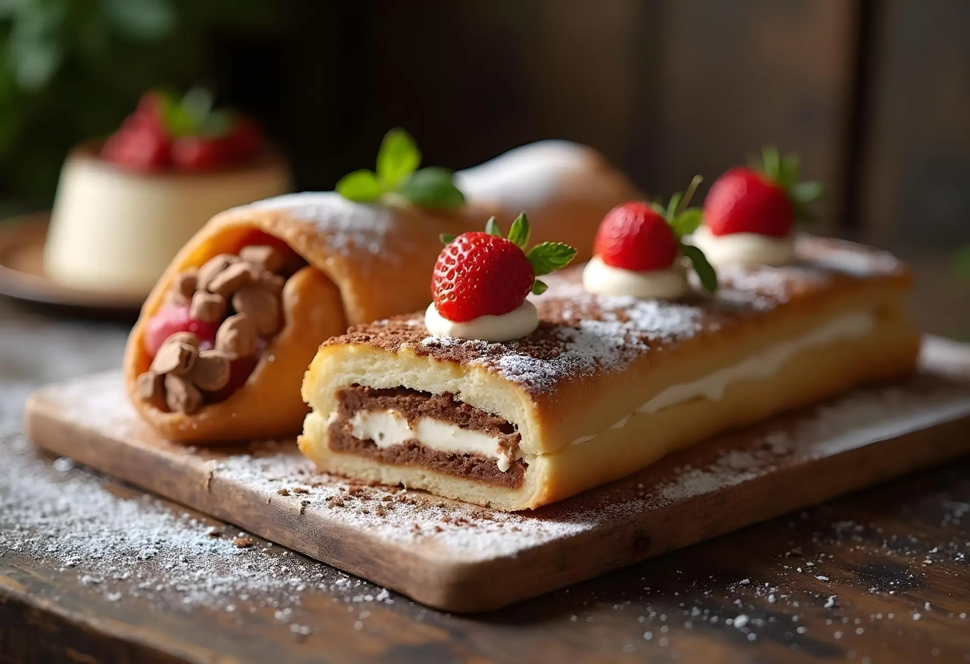 Un assortimento di dolci italiani, inclusi tiramisù, cannoli ripieni di ricotta e panna cotta con frutti di bosco, disposti elegantemente su un tavolo di legno rustico.