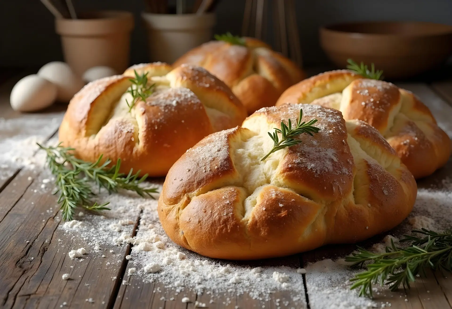 Una selezione di lievitati italiani, tra cui focaccia soffice, brioche e ciabatte, disposti su un tavolo rustico.