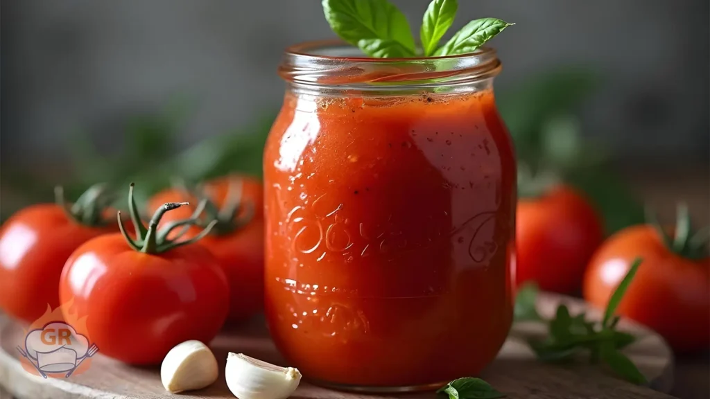 Vasetto di passata di pomodoro fresca con pomodori maturi e basilico sullo sfondo.