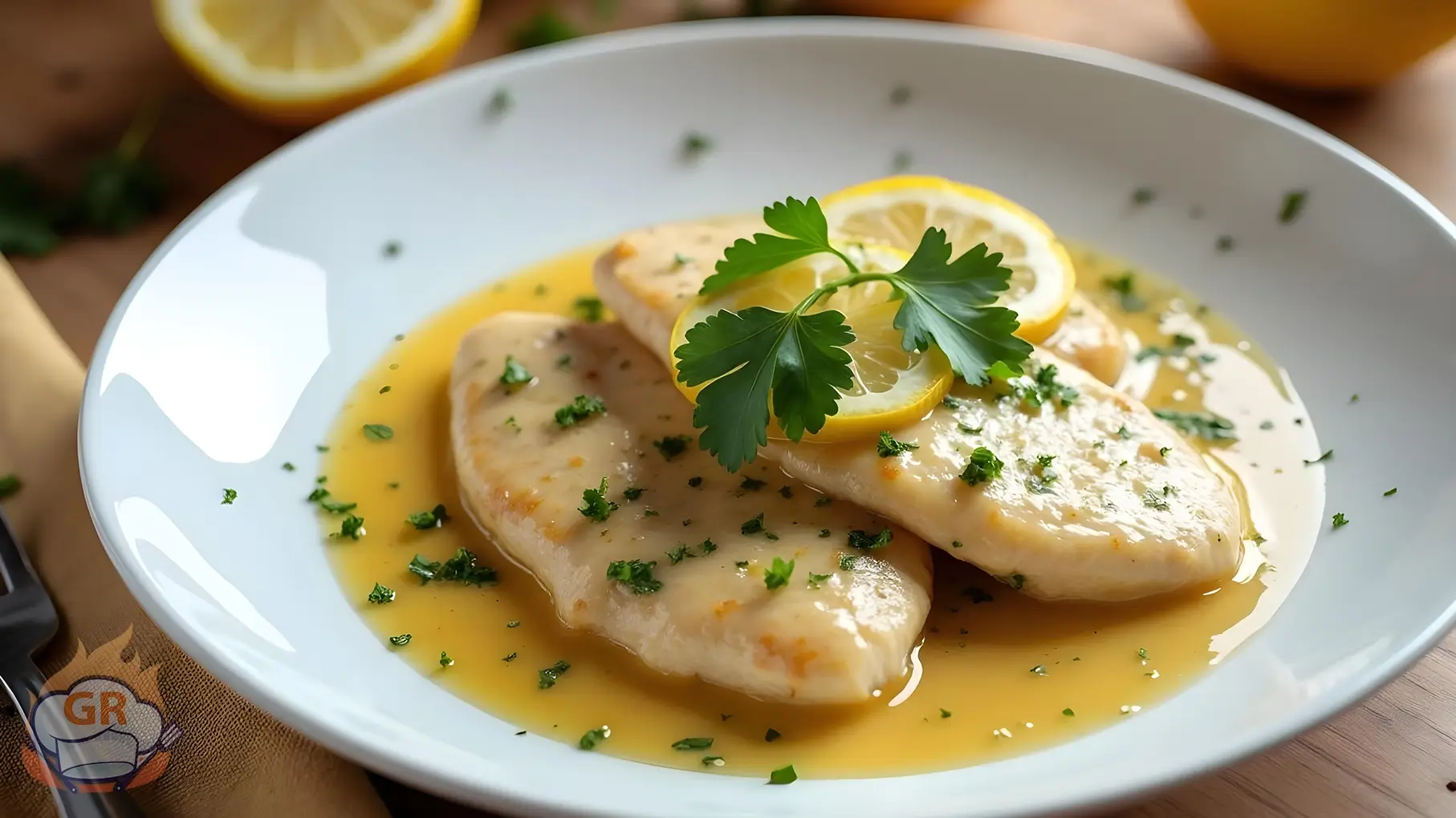 Fette tenere di Petto di Pollo al Limone Cremoso guarnite con prezzemolo fresco.