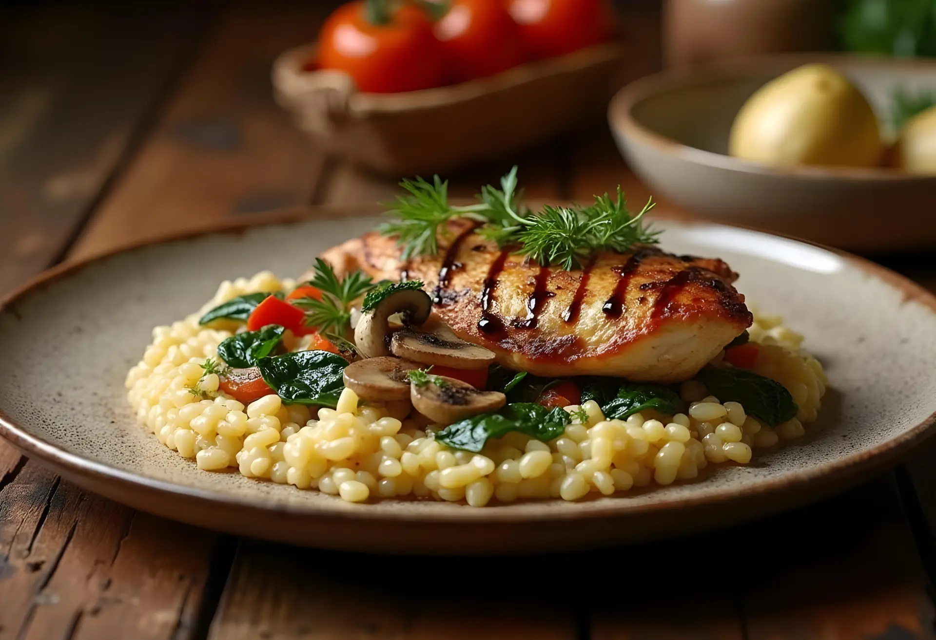 Un delizioso piatto unico con risotto cremoso e pollo grigliato, decorato con verdure fresche e erbe aromatiche, servito su un tavolo rustico.