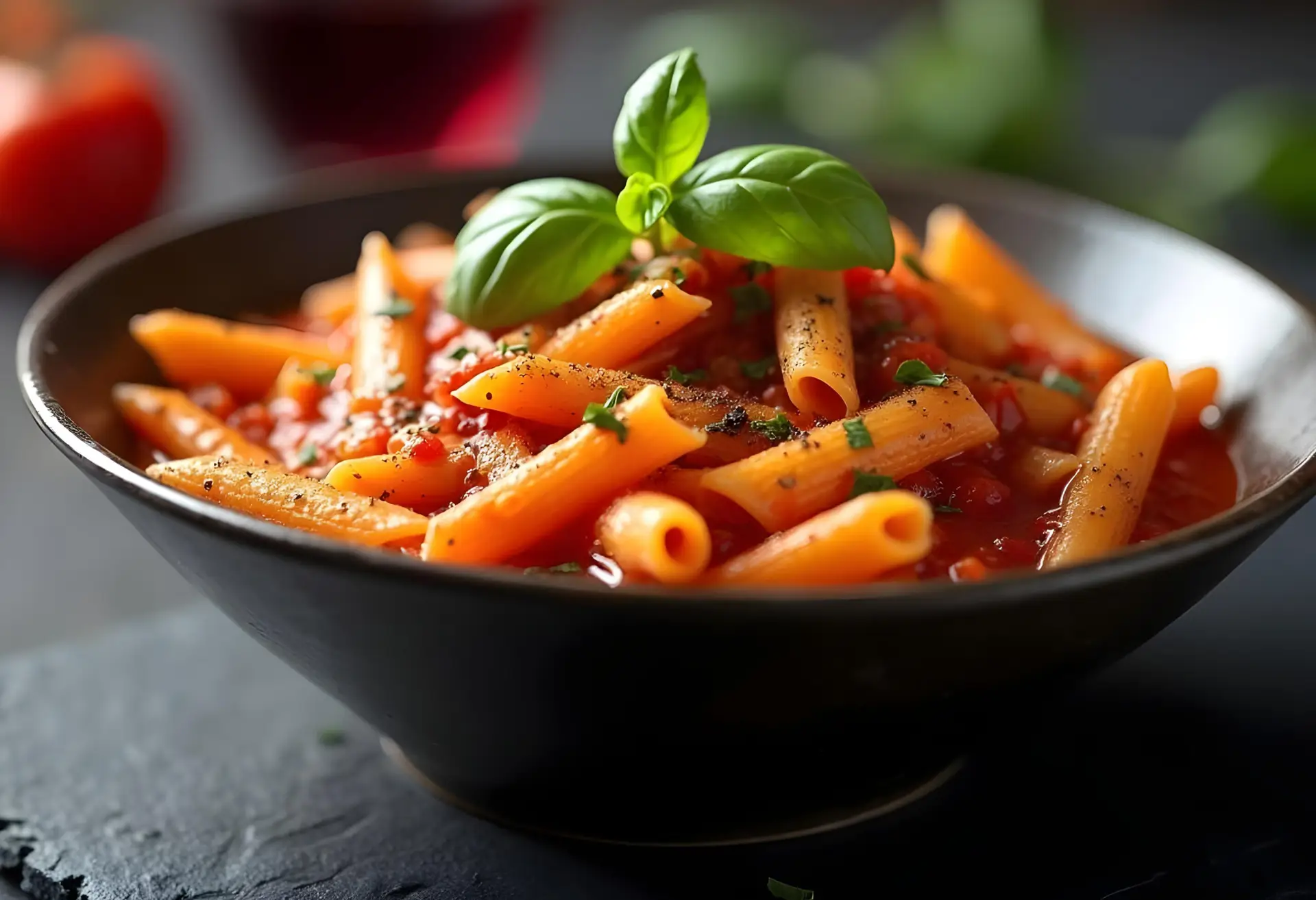 Pasta fumante con sugo di pomodoro ricco e basilico fresco, servita elegantemente su un piatto bianco.