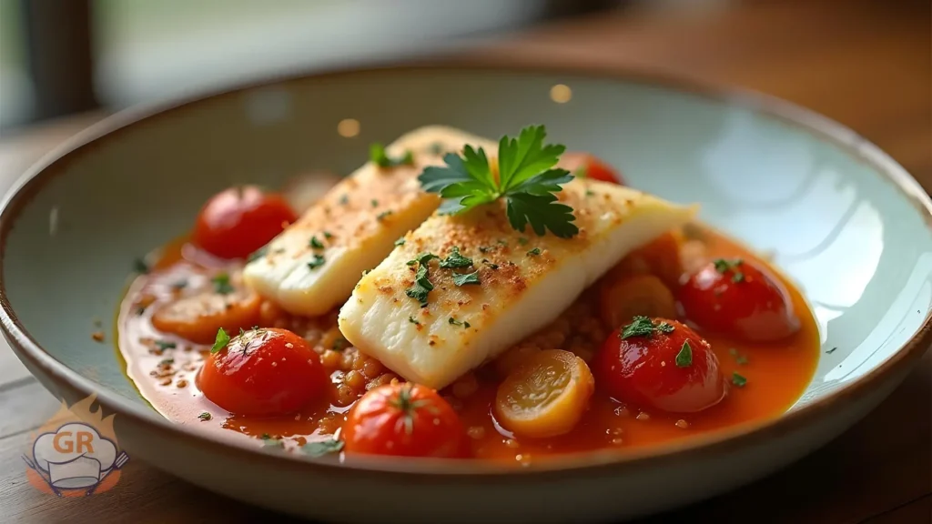 Piatto di rana pescatrice in padella con pomodorini cotti, olive e prezzemolo.