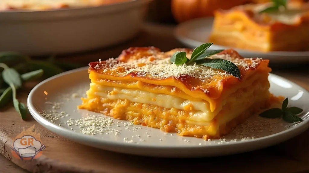 Primo piano di una fetta Ricetta lasagne alla zucca con strati di zucca cremosa, formaggio fuso in cima e guarnizione di erbe fresche, servita su un piatto rustico.