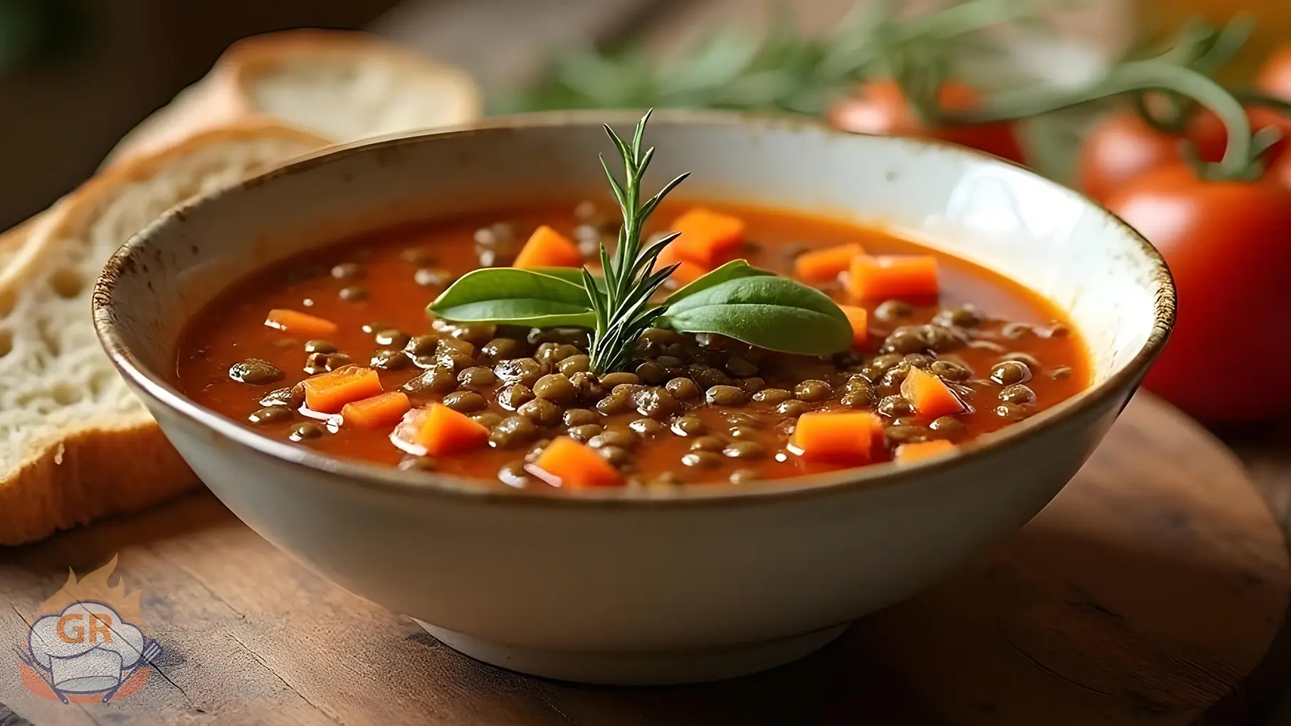 An inviting bowl of Zuppa di Lenticchie, a traditional Italian lentil soup, served in a rustic setting with vibrant vegetables and fresh herbs. The hearty soup features lentils, carrots, celery, and a rich tomato-based broth, garnished with rosemary. A loaf of whole grain bread sits beside the bowl, completing the cozy meal presentation. Warm tones and natural light give the scene a comforting, homestyle feel.