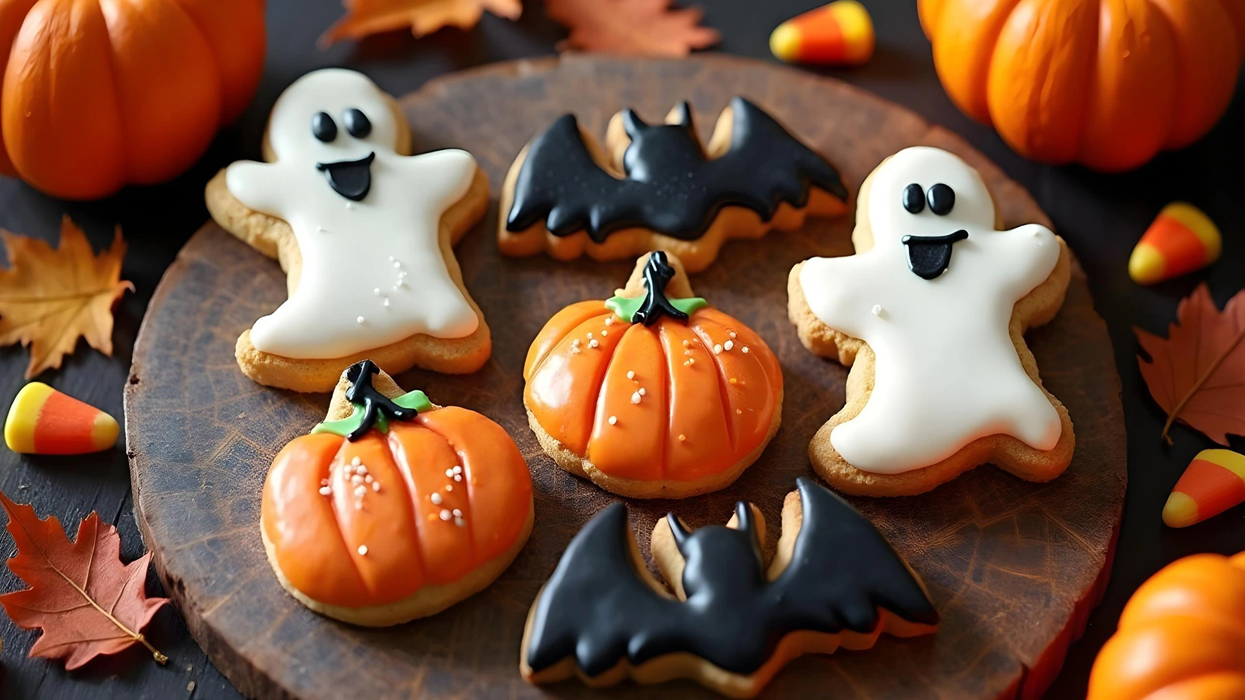 Top-down view of Halloween-themed biscotti shaped like ghosts, bats, and pumpkins, decorated with vibrant icing colors and arranged on a rustic wooden board with mini pumpkins and autumn leaves