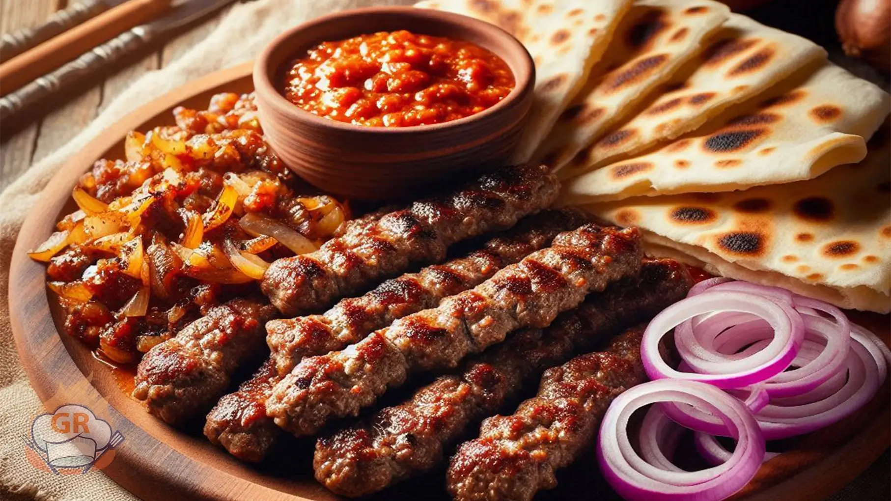 Cevapcici Ricetta Triestina fatti in casa serviti su un vassoio di legno con verdure fresche e condimenti tradizionali, che mostrano un delizioso piatto serbo e balcanico.