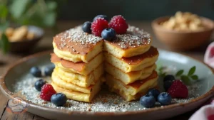 Deliziosi e soffici pancake proteici impilati, guarniti con sciroppo d'acero e frutta fresca, perfetti per una colazione sana.