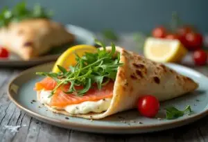 Una deliziosa Piadina Salmone e Philadelphia farcita con salmone affumicato, crema di formaggio Philadelphia e rucola fresca, guarnita con fette di avocado e pomodorini.