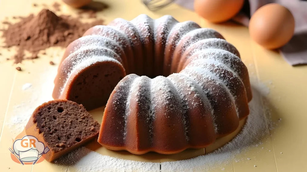 Ciambella al Cacao Soffice - Soft cocoa ring cake with a hole in the center, partially sliced with pieces arranged on a light yellow table.