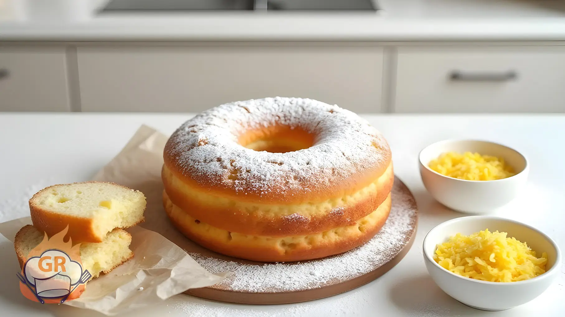 Preparazione passo dopo passo di un ciambellone soffice: mescolando gli ingredienti, versando l'impasto nello stampo a ciambella, cuocendo in forno e spolverando con zucchero a velo.