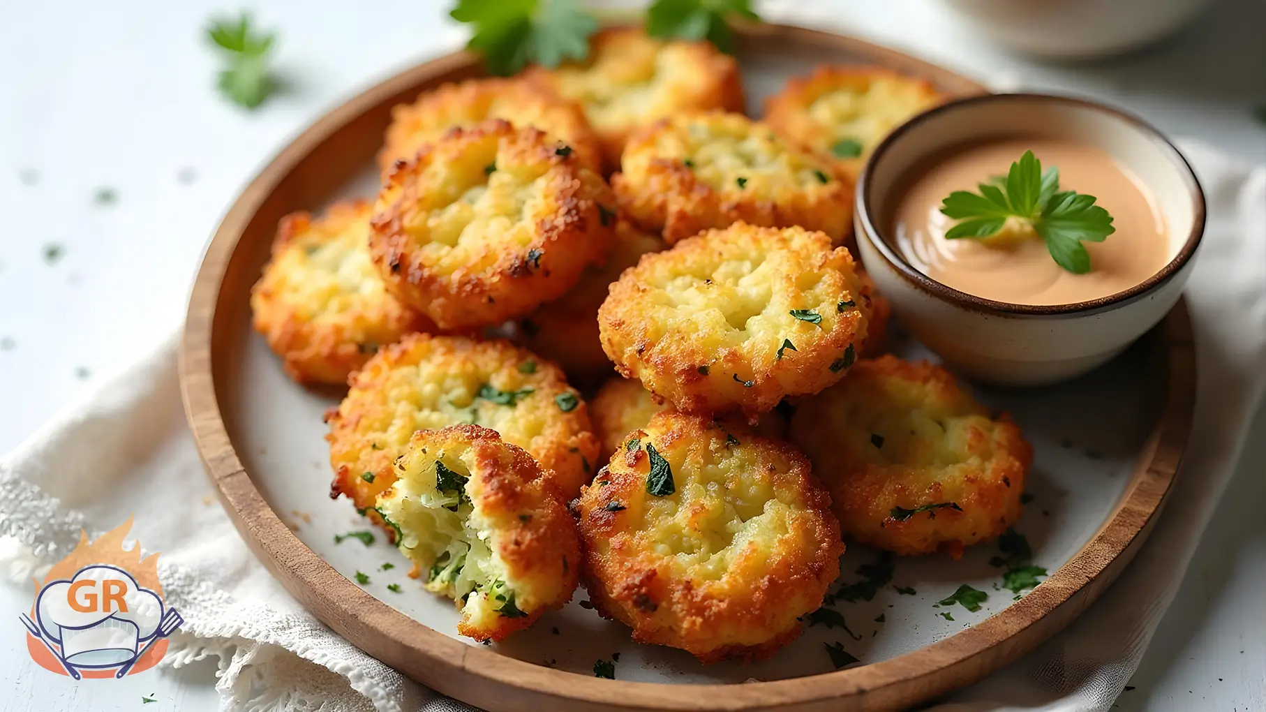 Vista dall'alto di frittelle di verdure croccanti su un tavolo bianco con salsa d’accompagnamento ed erbe fresche.