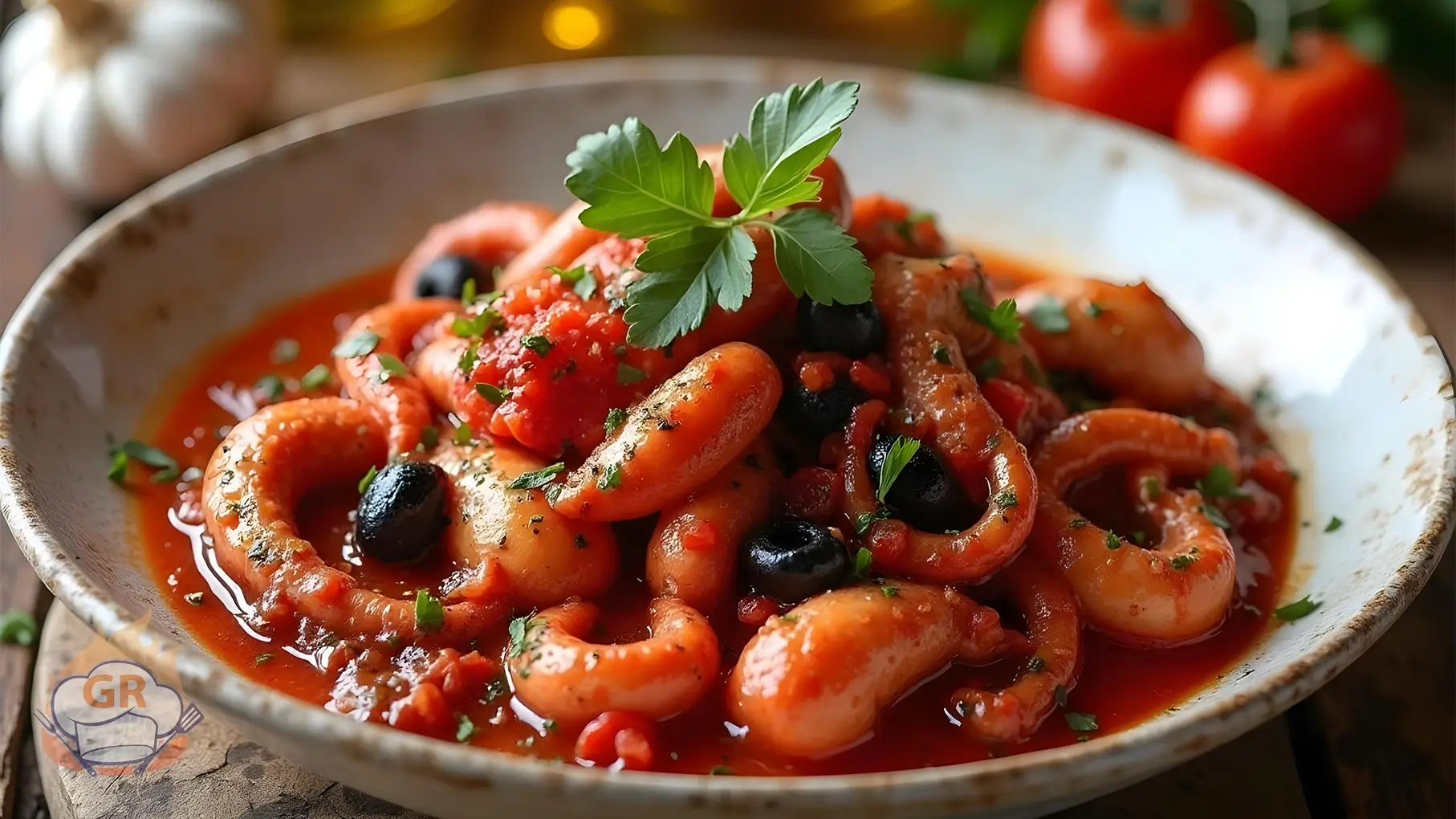 Un piatto di moscardini alla napoletana con pomodori, olive e capperi, servito su un tavolo rustico.