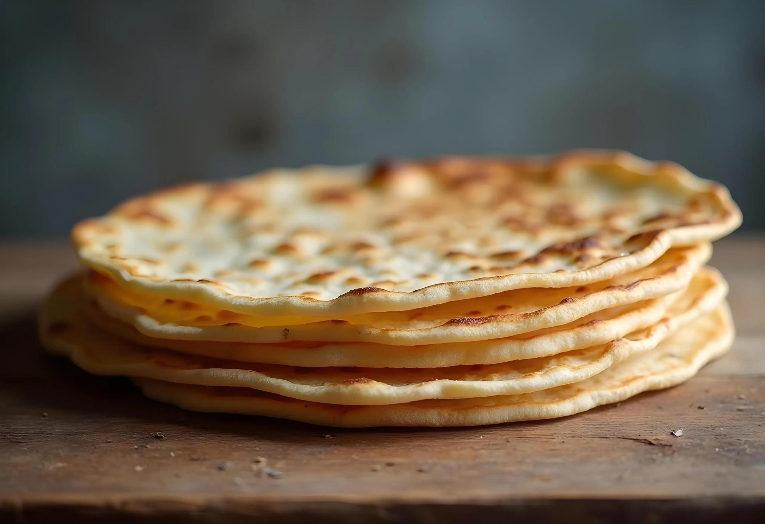 Vista laterale di Pane Carasau sottilissimo impilato su un tavolo rustico di legno, che mette in evidenza la sua texture piatta e croccante e i toni dorati.