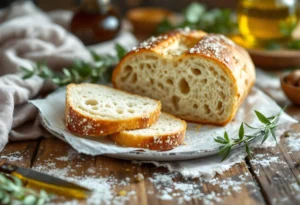 Pane ciabatta appena sfornato con crosta dorata e interna soffice e alveolata, servito su un tavolo rustico.