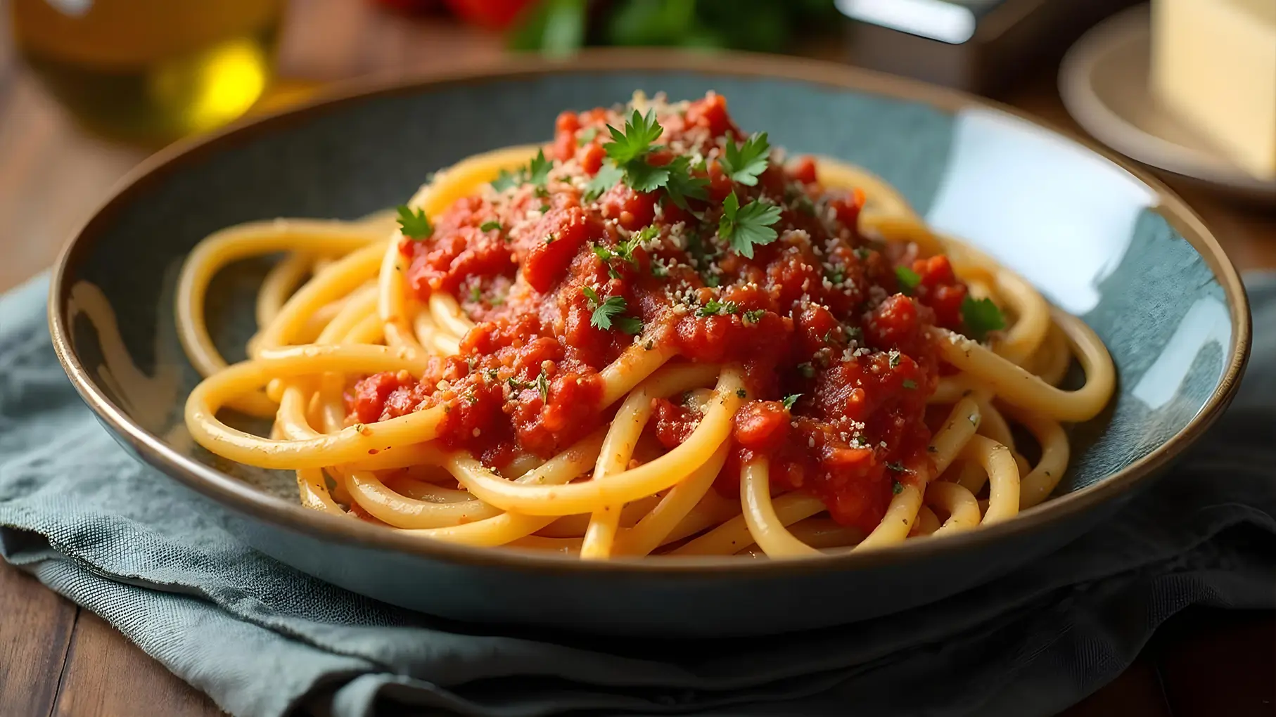 Pici all'Aglione – Pasta pici fatta a mano condita con una ricca salsa di pomodoro e aglione, guarnita con prezzemolo su un tavolo rustico in legno.