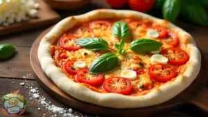 Vista dall'alto di un tavolo di cucina in legno con ingredienti per la pizza napoletana, tra cui impasto, pomodori pelati, mozzarella e basilico.