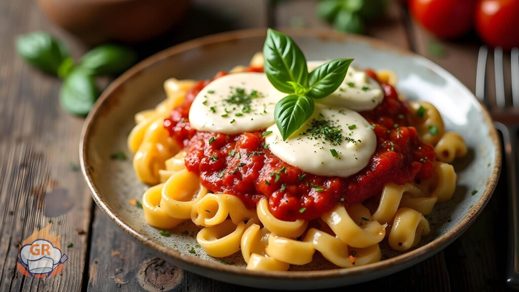 Scialatielli Ricetta: pasta fresca con salsa di pomodoro, mozzarella fusa e basilico.