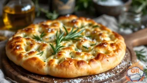 Focaccia Genovese sottile e croccante con olio d'oliva, sale grosso e rosmarino fresco, servita su un tagliere di legno in un ambiente rustico da cucina italiana.